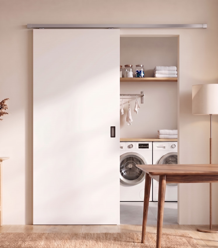 Porte coulissante simple à peindre complète 93x211,5cm tubulaire + rail acier inoxydable