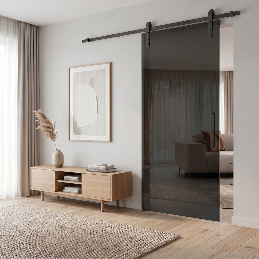 Porte coulissante simple complète Skyline Black verre noir sur mesure + rail noir