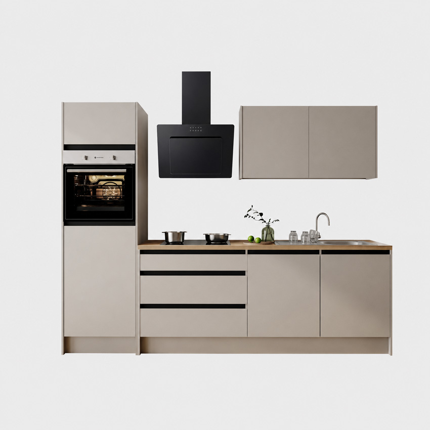 Keuken Berlin kasjmier 273cm - met toestellen - vitrokeramische kookplaat en zwarte wanddampkap