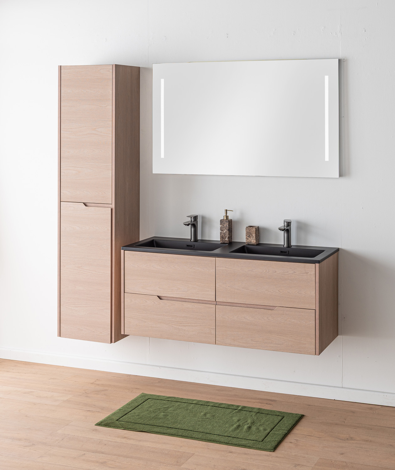 Badkamermeubel Tiago Nordic eik hangend met dubbele wastafel mat zwart 120cm