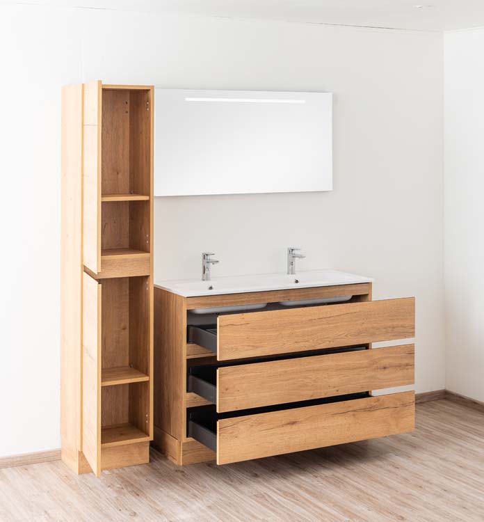 Meuble de salle de bains Daria chêne brun doré sur pied avec lavabo double blanc mat 120cm