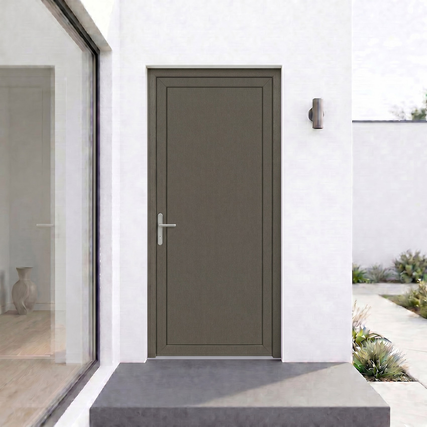 Porte extérieure panneau lisse PVC gris quartz/blanc 980x2180mm ouvrant à gauche