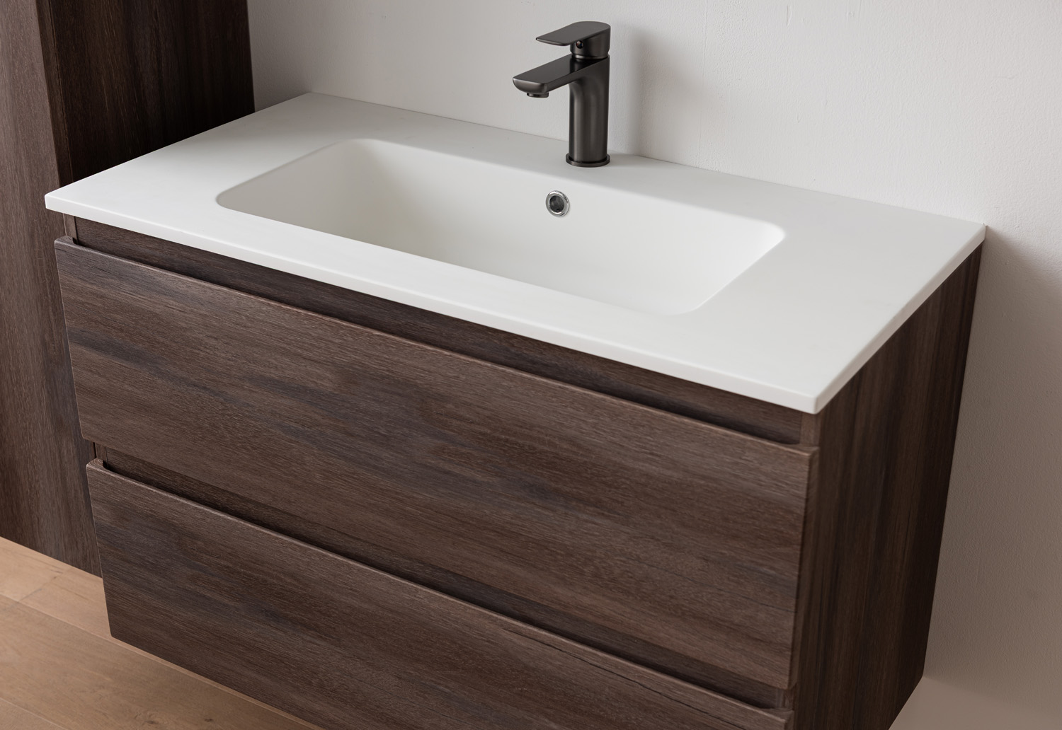 Meuble de salle de bains Tarik chêne ambré suspendu avec vasque simple blanc mat 90cm