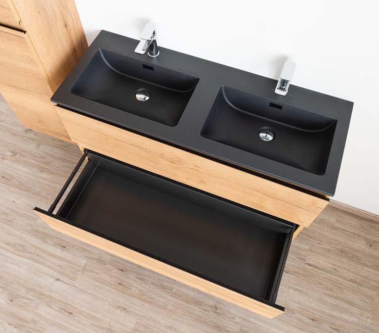 Badkamermeubel Daria eik goudbruin hangend met dubbele wastafel mat zwart 120cm