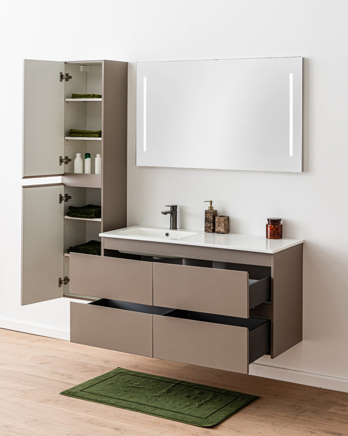 Meuble de salle de bains Trente taupe avec lavabo simple blanc brillant 120cm