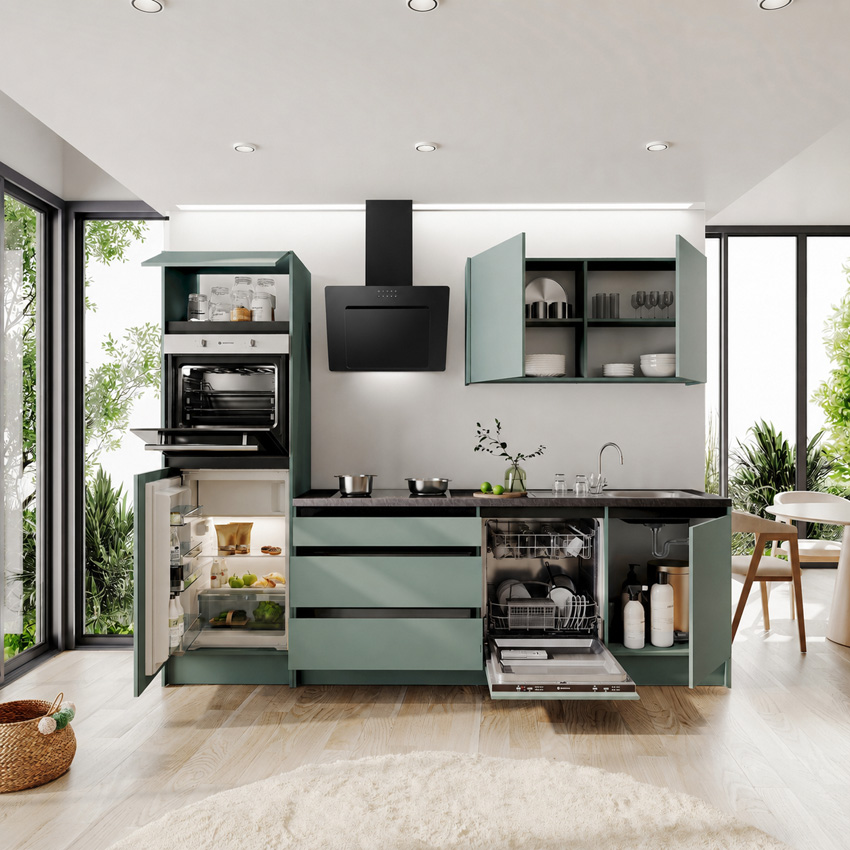 Cuisine Berlin verte 273cm - avec appareils - plaque de cuisson vitrocéramique et hotte murale noire