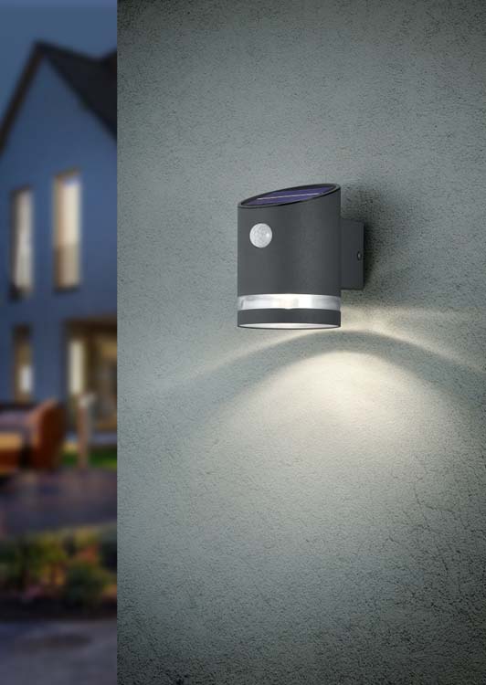 Wandlamp sensor antraciet solar incl. 3W LED/ 3000K/ 240lm D9cm