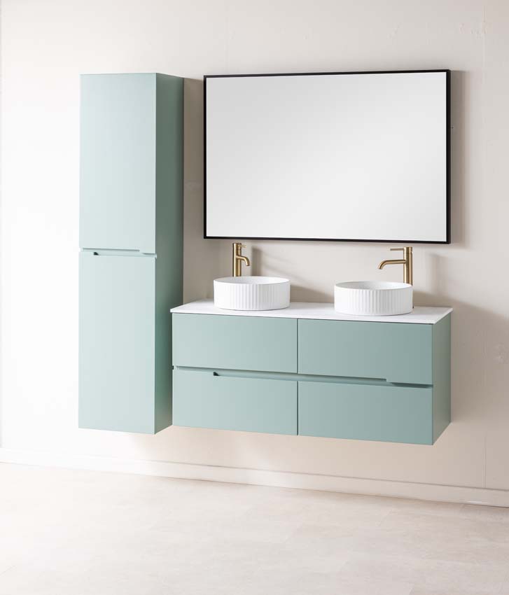Meuble de salle de bains Truman vert gris suspendu avec double vasque à poser blanc mat 120cm