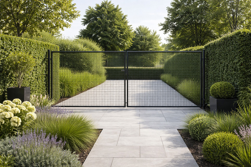 Portillon de jardin double complet noir 175x400cm - poteaux ronds, poteaux, serrure et poignée inclus