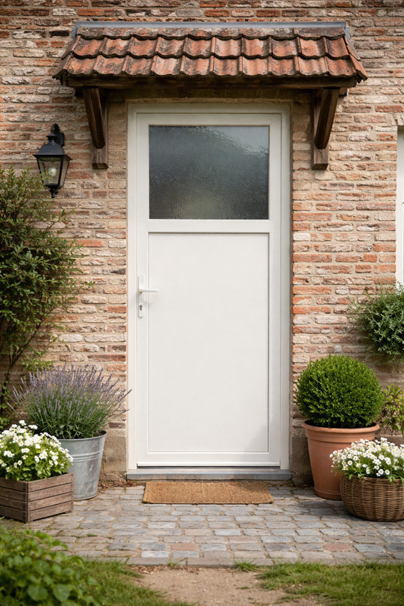 Porte extérieure budget PVC 1/3 vitre structuré blanc ouvrant à gauche sur mesure