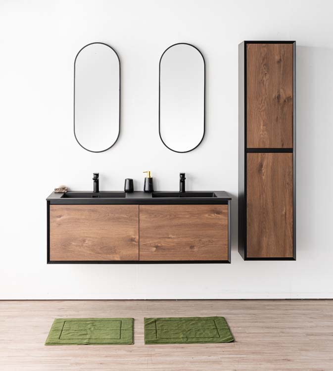 Badkamermeubel Justin notelaar hangend met dubbele wastafel mat zwart 140cm