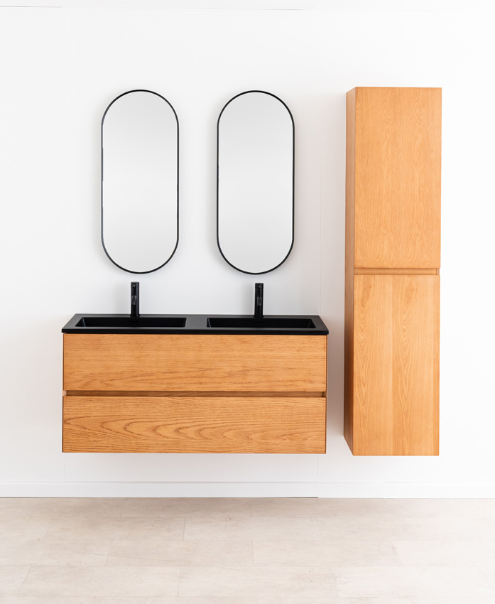 Badkamermeubel Fior eik hangend met dubbele wastafel mat zwart 120cm