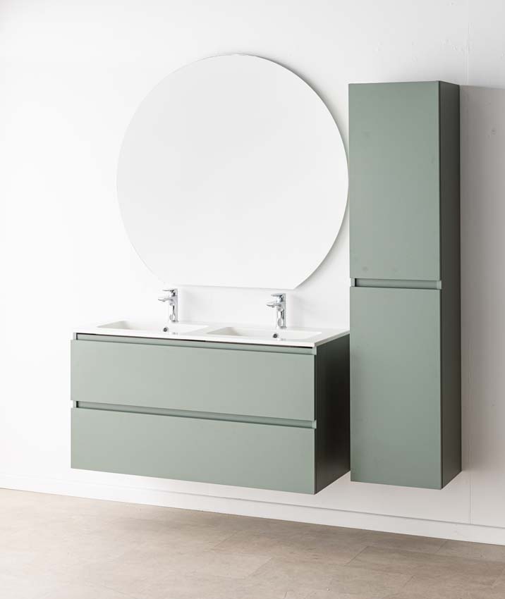 Meuble de salle de bain Dotan eucalyptus vert avec double lavabo blanc brillant 120cm
