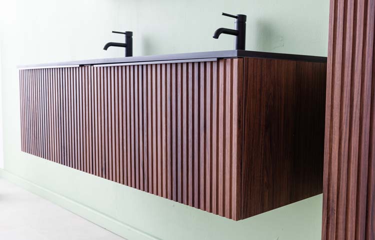 Meuble de salle de bains Soetkin noyer suspendu avec lavabo double noir mat 140cm