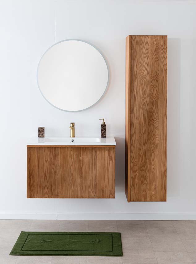 Badkamermeubel Fae eik hangend met enkele wastafel glanzend wit 90cm