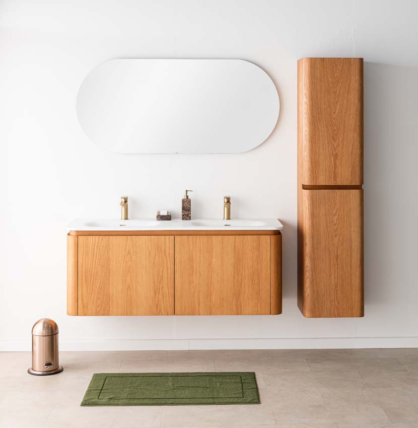 Badkamermeubel Floris eik hangend met dubbele wastafel mat wit 140cm Badkamermeubel Floris eik hangend met dubbele wastafel mat wit 140cm