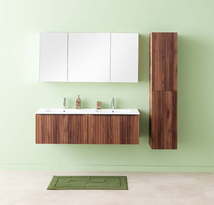 Meuble de salle de bains Soetkin noyer suspendu avec lavabo double blanc mat 140cm