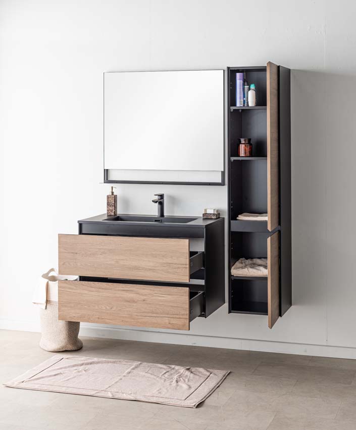 Badkamermeubel Molly houtlook hangend met enkele wastafel mat zwart 90cm Badkamermeubel Molly houtlook hangend met enkele wastafel mat zwart 90cm