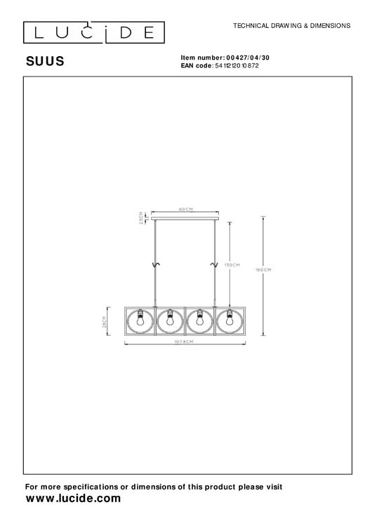 Hanglamp - zwart - 107cm - 4xE27 - 40W