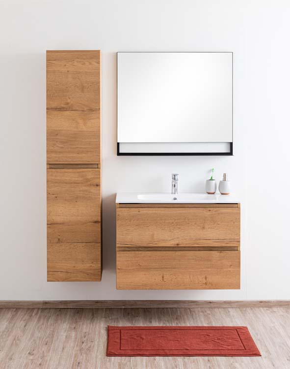 Meuble de salle de bains Daria chêne brun doré suspendu avec lavabo simple blanc brillant 90cm Meuble de salle de bains Daria chêne brun doré suspendu avec lavabo simple blanc brillant 90cm