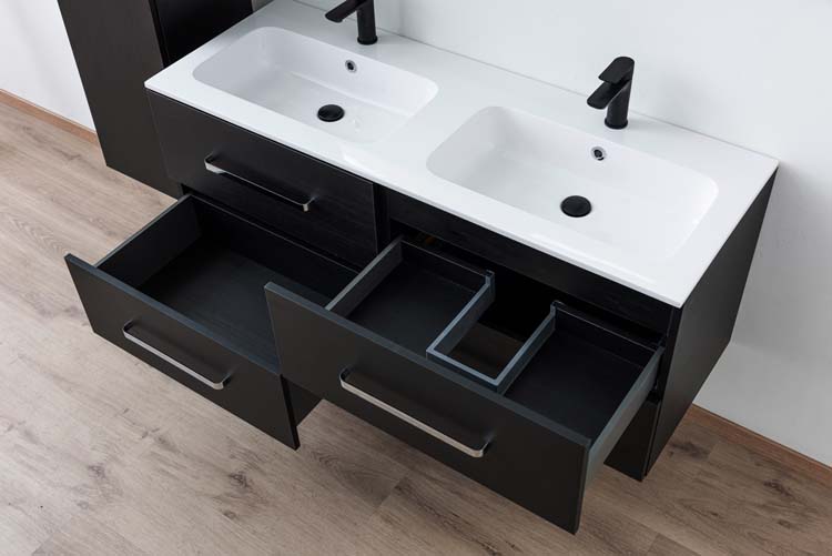Meuble de salle de bains Plato noir suspendu avec lavabo double blanc brillant et poignées chromées 140cm