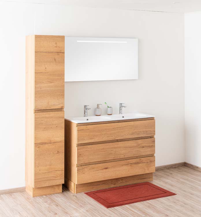 Meuble de salle de bains Daria chêne brun doré sur pied avec lavabo double blanc mat 120cm