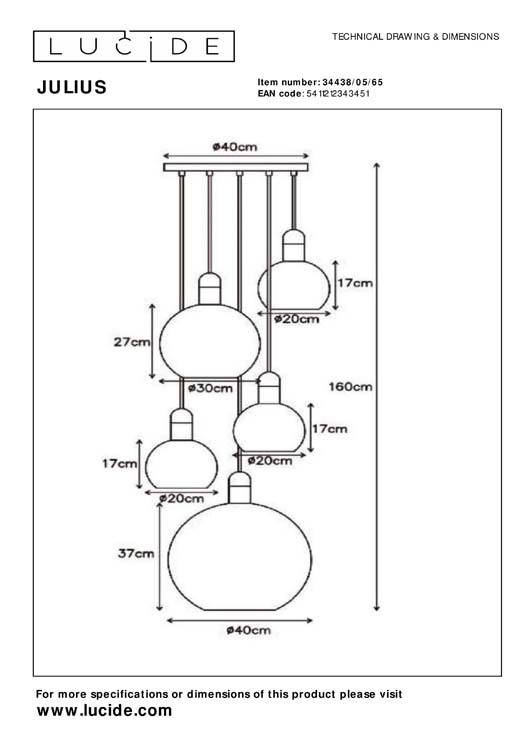 Lucide JULIUS - Hanglamp - 5xE27 - Fumé