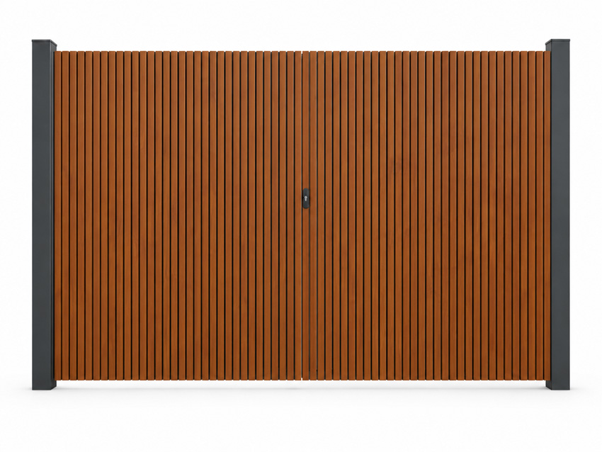 Portail battant double Line Up aluminium aspect bois 300x175cm - fermé avec lames verticales, quincaillerie incluse