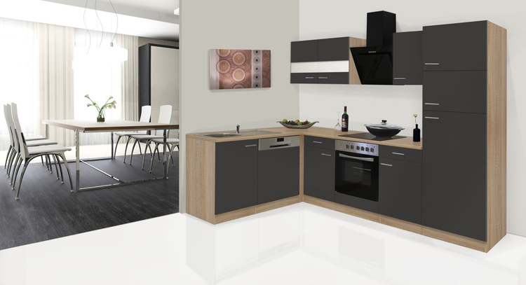 Keuken 280x172cm - grijs/eik - vitrokeramisch en zwarte wanddampkap