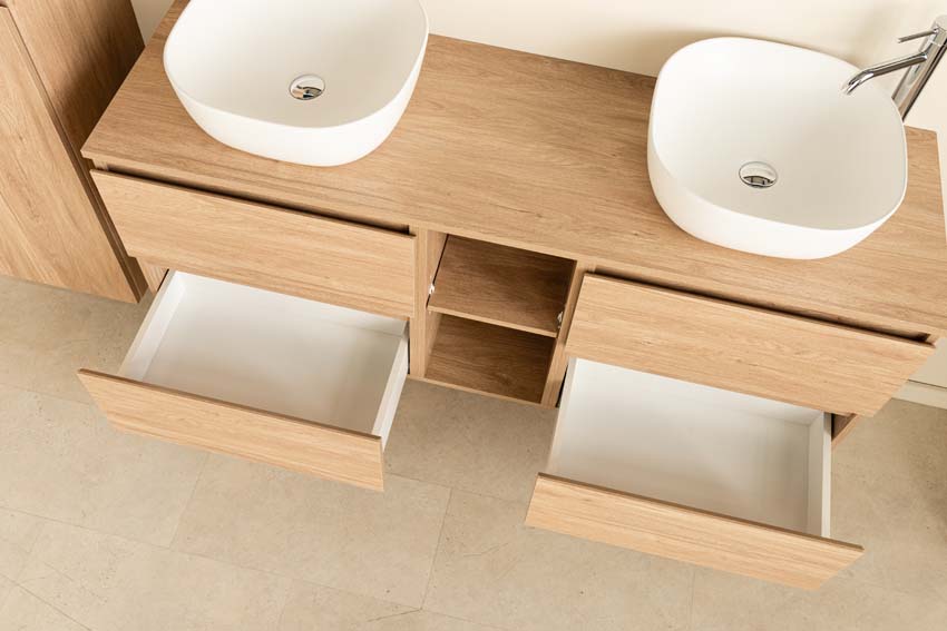 Meuble de salle de bains Bella chêne suspendu avec double vasque à poser blanc mat 150cm