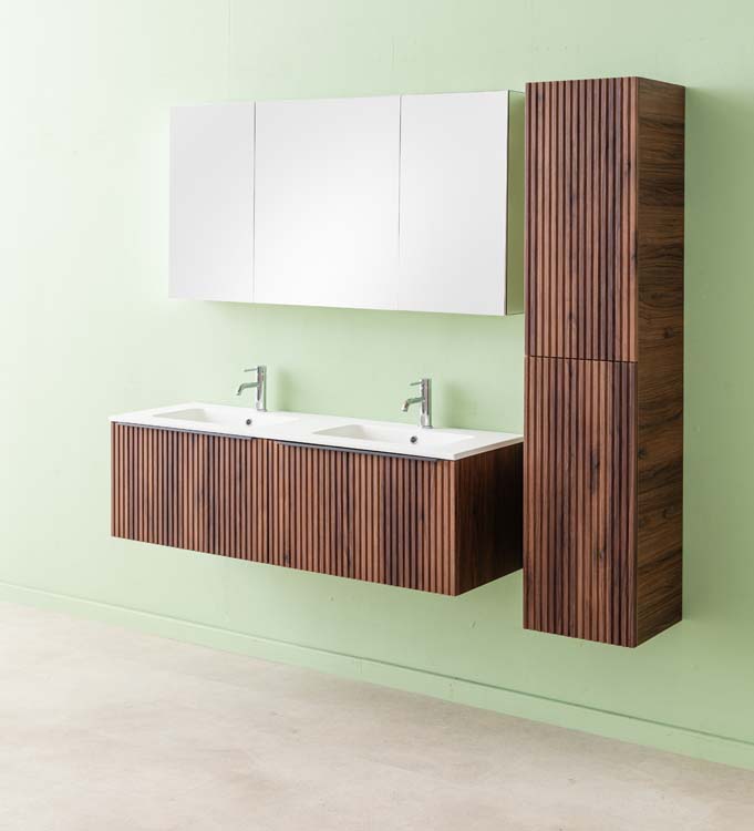 Meuble de salle de bains Soetkin noyer suspendu avec lavabo double blanc mat 140cm