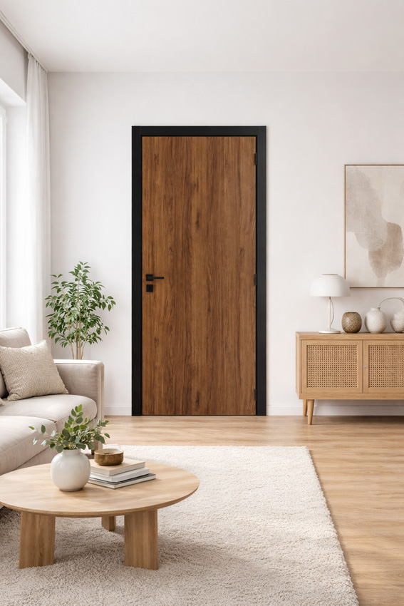 Porte intérieure complète Pure noyer 201,5x63cm aggloméré tubulaire réversible + châssis noir 16,5cm