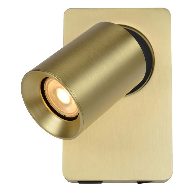 Lucide NIGEL - Spot mural - LED Dim. - GU10 - 1x5W 3000K - Point rechargement USB - Or Mat / Laiton