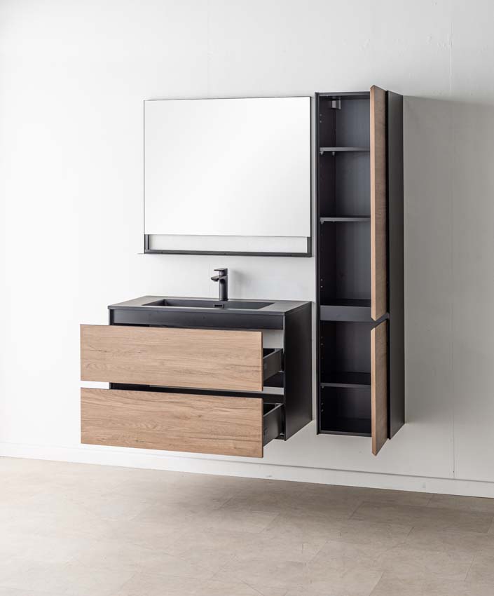 Badkamermeubel Molly houtlook hangend met enkele wastafel mat zwart 90cm Badkamermeubel Molly houtlook hangend met enkele wastafel mat zwart 90cm