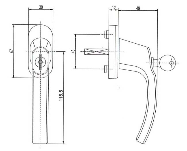 Raamkruk wit met cilinder + stift 40mm 
