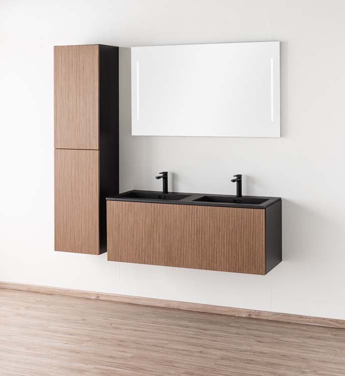 Badkamermeubel Dorian notelaar hangend met dubbele wastafel mat zwart 120cm
