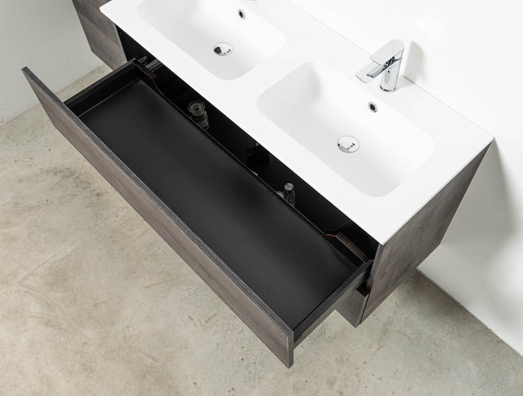 Meuble de salle de bains Dotan chêne foncé suspendu avec lavabo double blanc mat 120cm