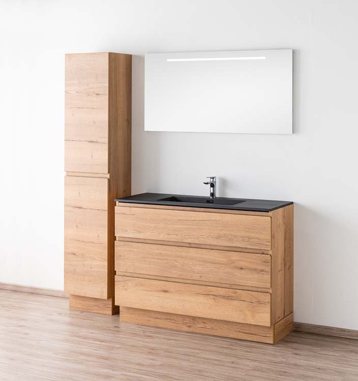 Badkamermeubel Daria eik goudbruin staand met enkele wastafel mat zwart 120cm Badkamermeubel Daria eik goudbruin staand met enkele wastafel mat zwart 120cm