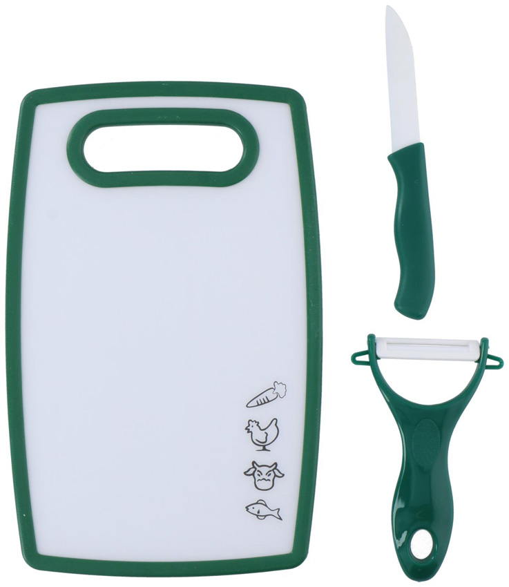 Snijplank met dunschiller en mes kunststof donkergroen 25x16cm