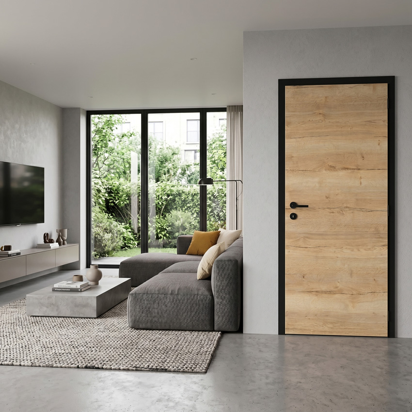 Complete binnendeur Nature Wood eik 201,5x73cm tubespaan horizontaal omkeerbaar + zwarte deurkast 16,5cm