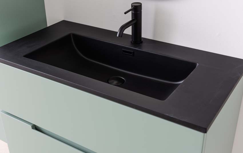 Meuble de salle de bains Truman vert gris suspendu avec lavabo simple noir mat 90cm