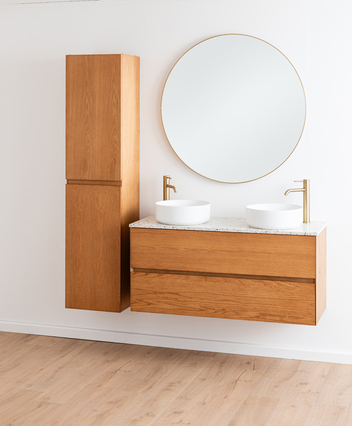 Badkamermeubel Fior eik hangend met dubbel topblad terrazzo 120cm
