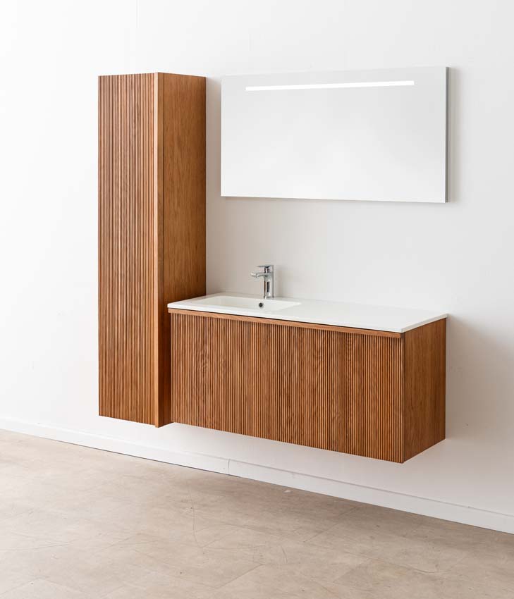 Meuble de salle de bain Fae chêne suspendu avec vasque simple blanc brillant 120cm