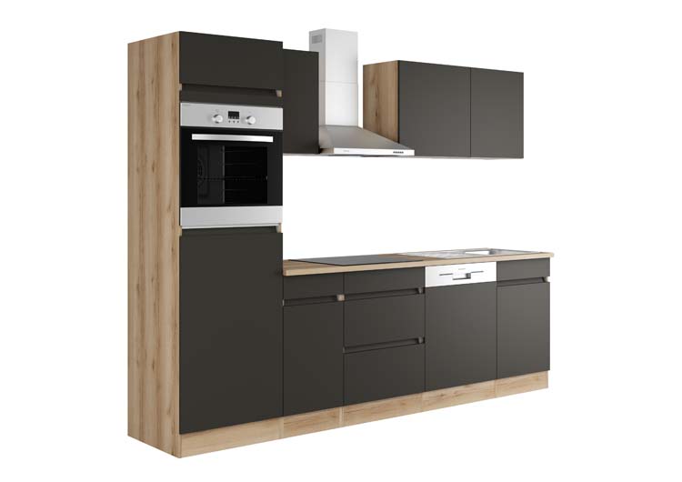 Cuisine Wodan anthracite/aspect bois 270cm - avec appareils - plaque de cuisson vitrocéramique et hotte murale en inox