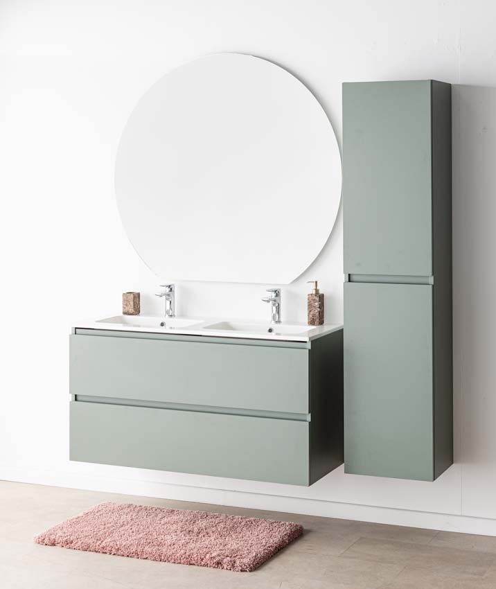 Meuble de salle de bain Dotan eucalyptus vert avec double lavabo blanc brillant 120cm