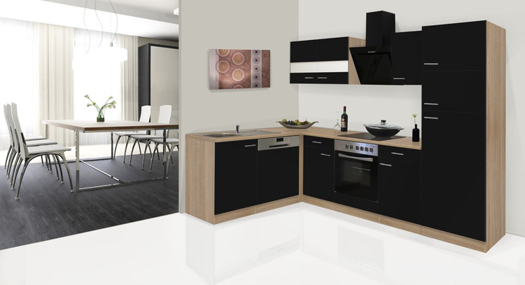 Keuken 280x172cm - zwart/eik - vitrokeramisch en zwart wanddampkap