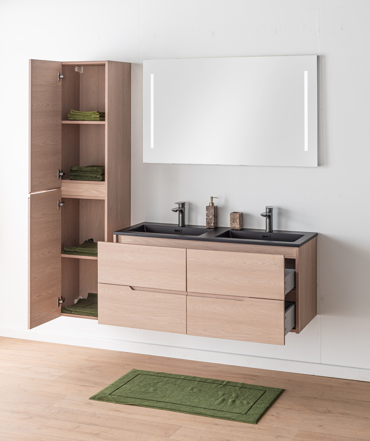 Badkamermeubel Tiago Nordic eik hangend met dubbele wastafel mat zwart 120cm