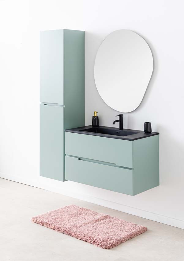 Meuble de salle de bains Truman vert gris suspendu avec lavabo simple noir mat 90cm