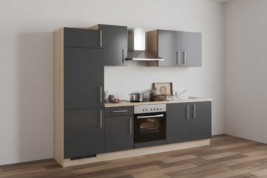 Cuisine Ymir grise mat/chêne 270cm - avec appareils - plaque de cuisson vitrocéramique et hotte murale en inox