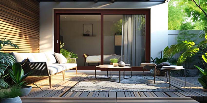 Levant-coulissant en bois Meranti Lapacho Ribe D>G L2500 x H2150 mm